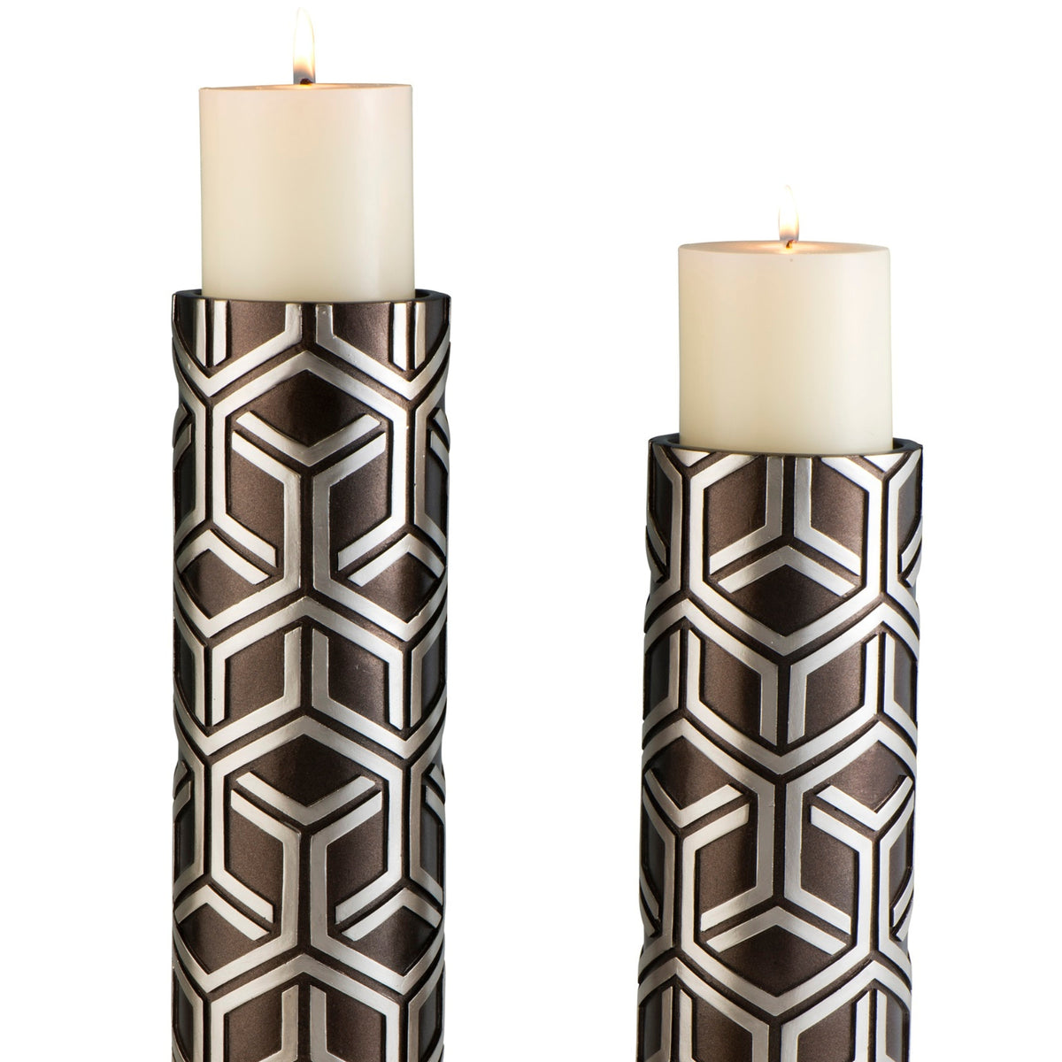 14" And 16" Tall Polyresin Candleholder, Espresso And Silver Finish Set Of 2 Multicolor Polyresin