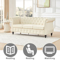 Chesterfield Sofa With Rolled Arms, Classic Button Tufted 3 Seater Couch With Trim, Upholstered Chesterfield Couches With Gourd Wooden Legs, Linen Sofas For Living Room, Bedroom, Beige Brown Wood Bedroom Heavy Duty Oak 3 Seat Beige Linen Soft Cushion