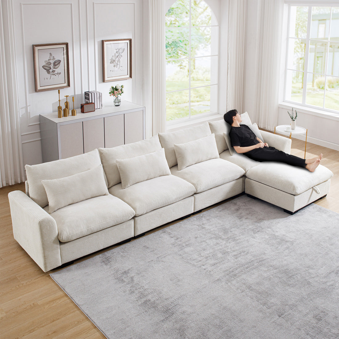 Large L Shape Sectional Corduroy Sofa,Deep Seat Couch With Storage Footstool And 4 Waist Pillows,Beige Beige Corduroy 4 Seat
