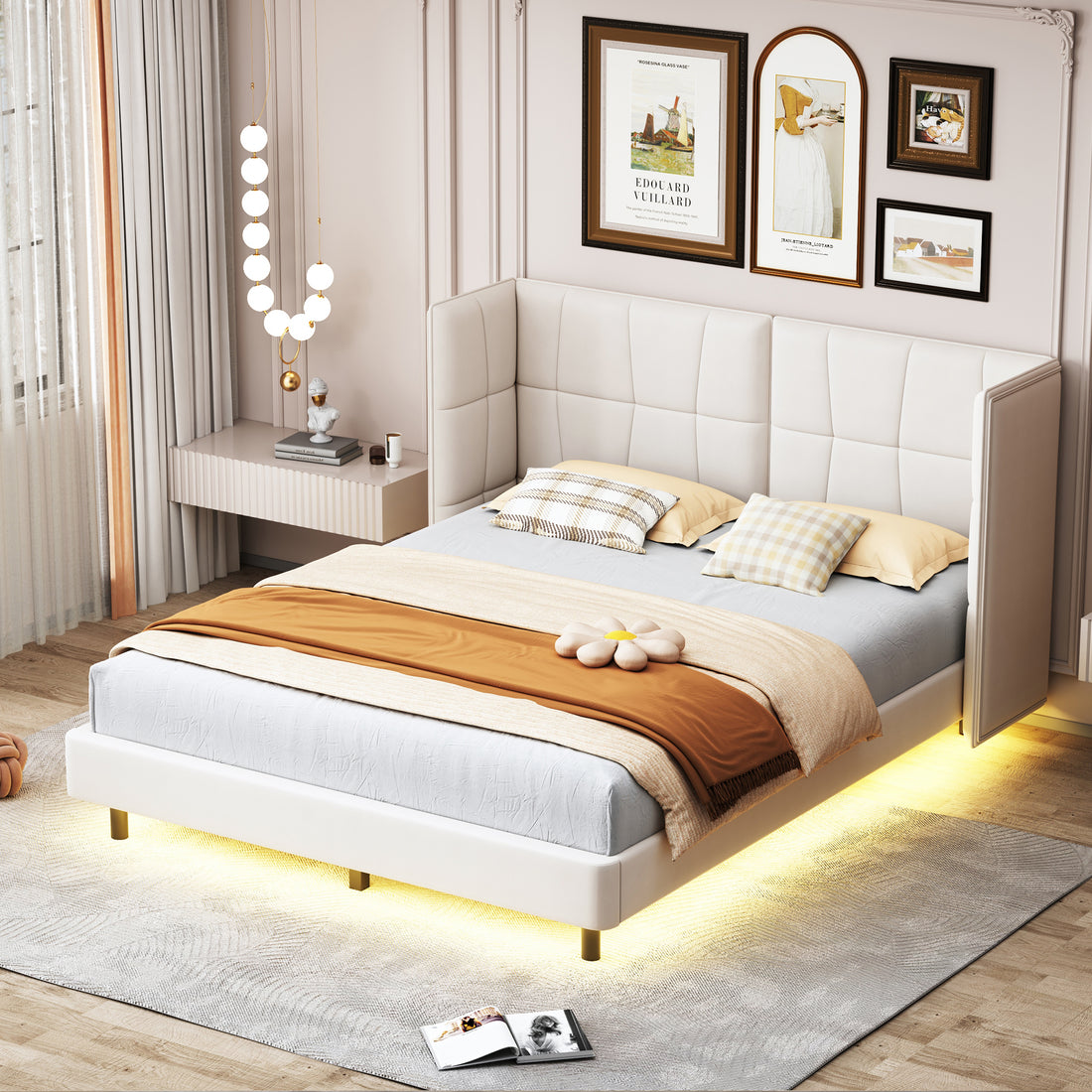 Queen Size Upholstered Platform Bed With Led Lights And U Shaped Headboard, Linen Fabric, Beige Queen Beige Wood Metal