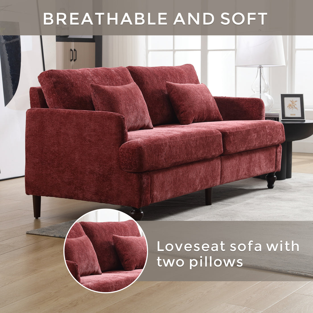 Coolmore Mid Century Modern Chenille Fabric Loveseat Sofa, 2 Seat Upholstered Loveseat Sofa Modern Couch For Living Room,Brown Wood Feet Sofa For Bedroom, Reading Wine Red Chenille Wine Red Chenille 2 Seat