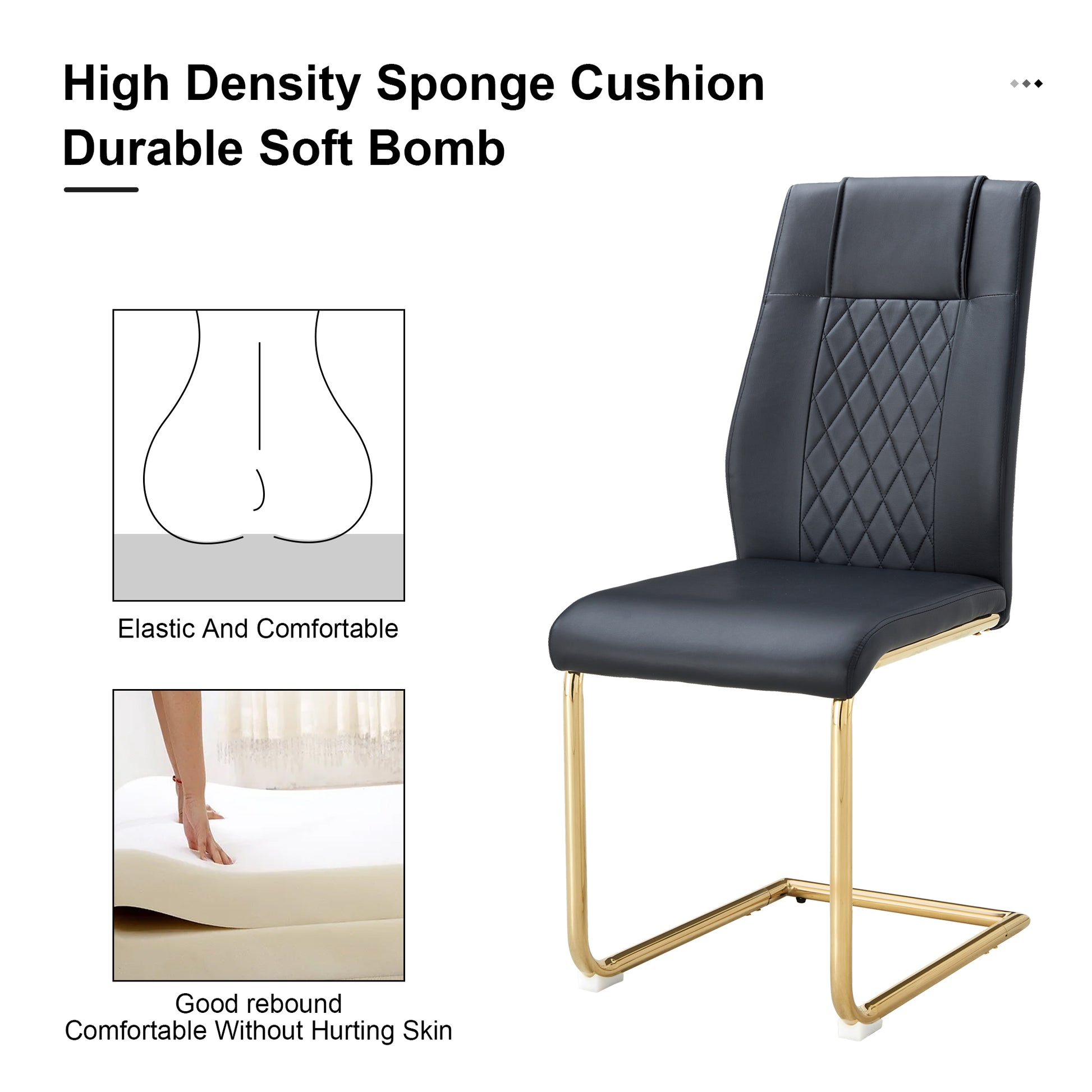 Table And Chair Set, The Table Is Equipped With A Marble Patterned Mdf Tabletop And Gold Table Legs.Dining Chairs,Gold Legged Upholstered Chairs Made Of Artificial Leather. Black Gold Seats 6 Mdf