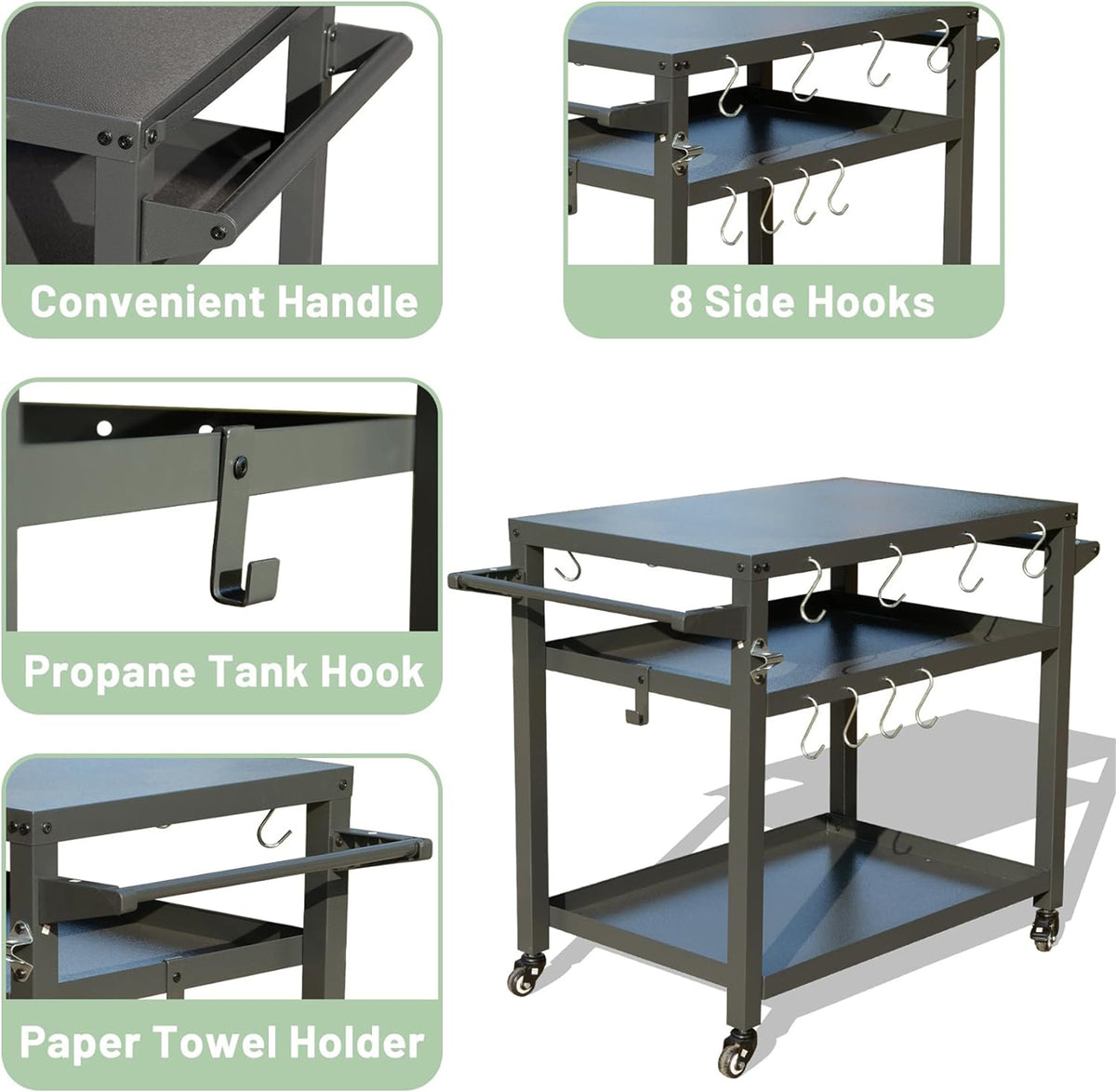 3 Shelf Outdoor Grill Table, Grill Cart With Wheels, Outdoor Pizza Oven Table And Food Prep Table, Blackstone Table With Propane Tank Hook, Grill Stand For Blackstone Griddle For Outside Bbq Grey Metal