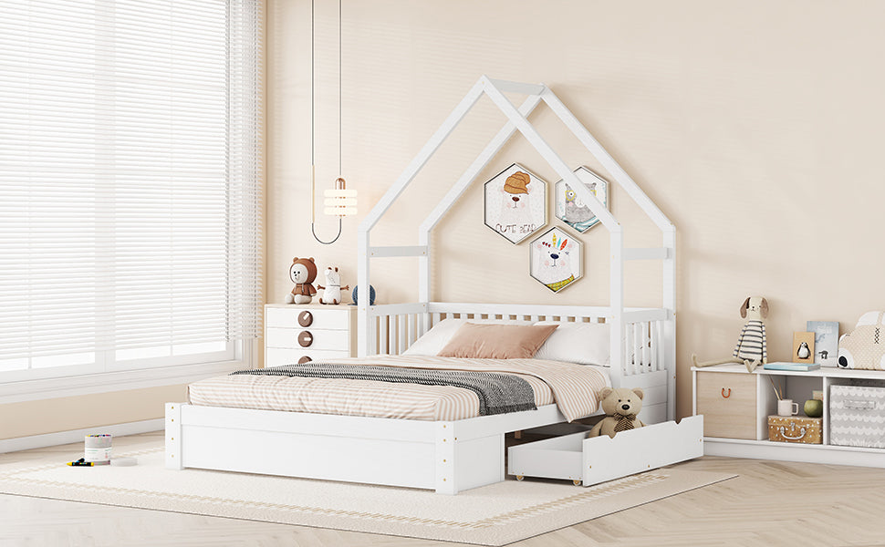 Wood Queen Size House Platform Bed With Guardrail And 2 Drawers, White Box Spring Not Required Queen White Wood Bedroom Bed Frame Solid Wood Mdf