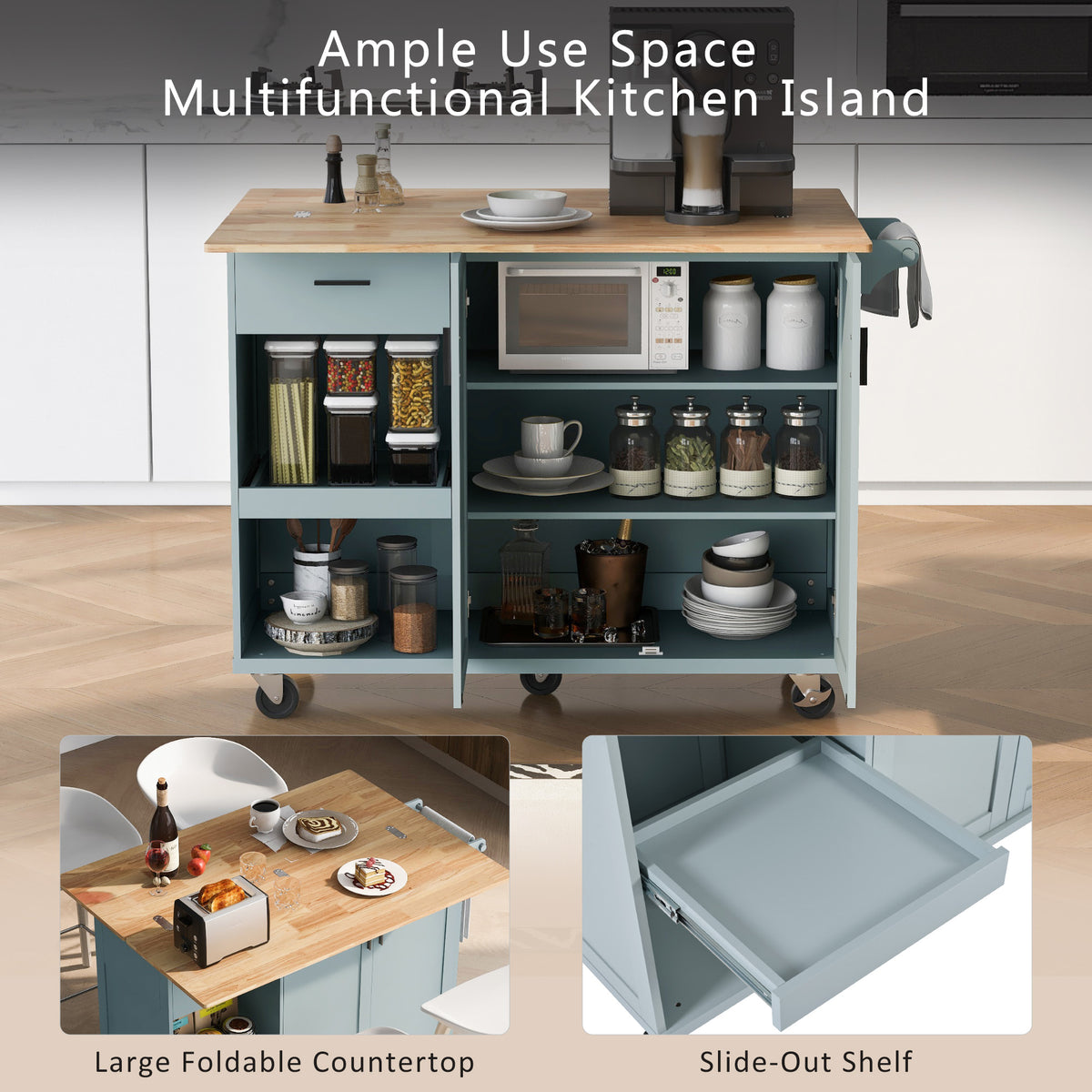 K&K Kitchen Island With Foldable Counter Top, Kitchen Storage Cart With Slide Out Shelf, Towel Rack And Drawer, Rolling Kitchen Cart On Wheels, For Kitchen, Living Room, Dining Room, Grey Blue Grey Blue Brown Kitchen Classic,Farmhouse,Luxury,Modern
