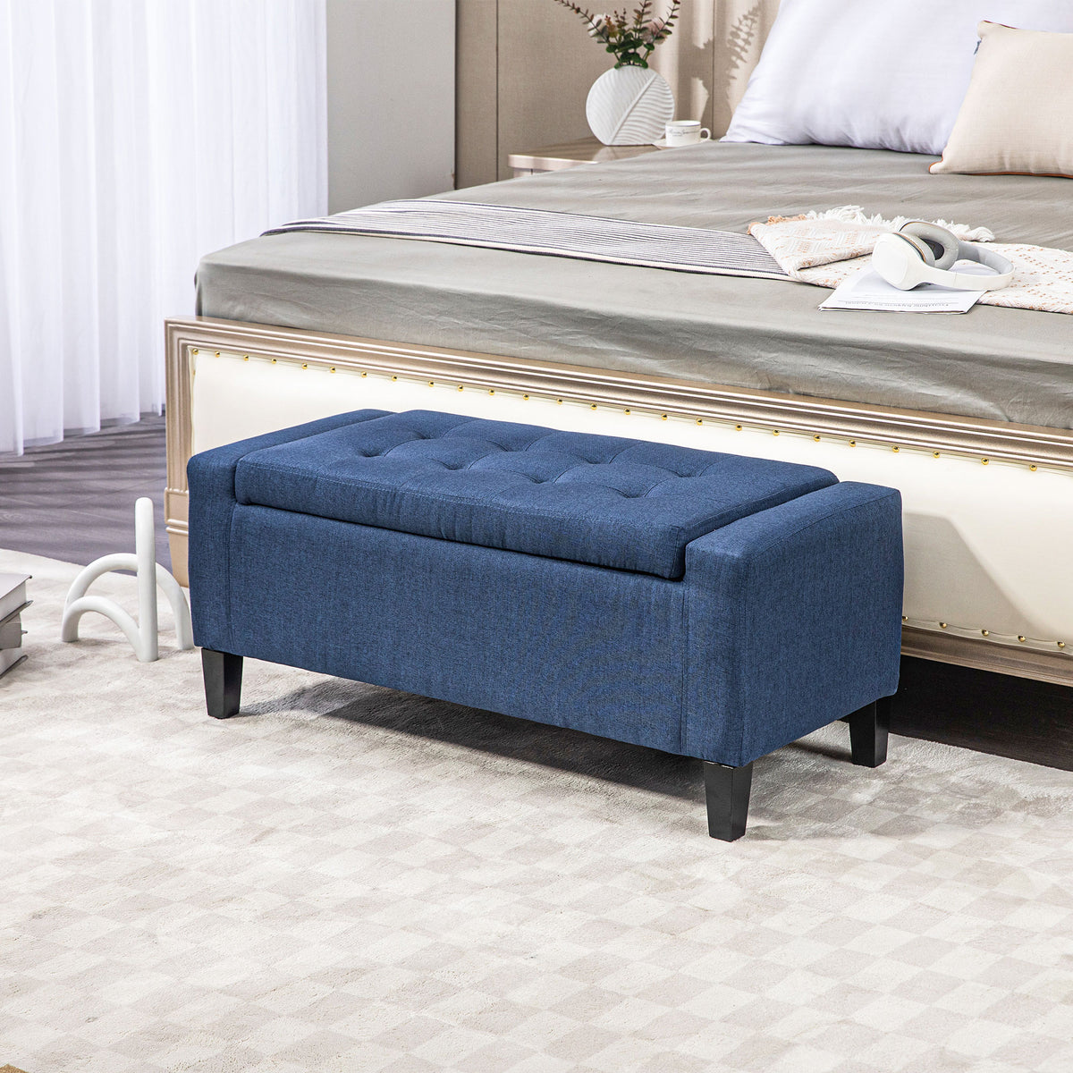 Homcom Storage Ottoman, Linen Upholstered Storage Bench With Lift Top And Button Tufted For Living Room, Dark Blue Blue Polyester