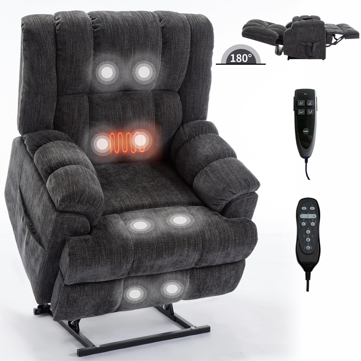 Dual Motor Heat Massage Infinite Position Up To 350 Lbs Electric Power Lift Recliners With Power Remote, Medium Firm And Heavy Duty, Grey White Metal Primary Living Space Heavy Duty Pine Grey Chenille Power Remote Medium Firm Cushion Back American Design