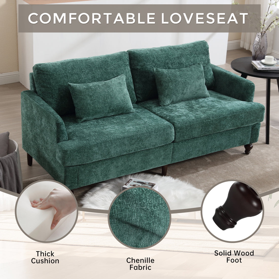 Coolmore Mid Century Modern Chenille Fabric Loveseat Sofa, 2 Seat Upholstered Loveseat Sofa Modern Couch For Living Room,Brown Wood Feet Sofa For Bedroom, Reading Emerald Chenille Emerald Chenille 2 Seat