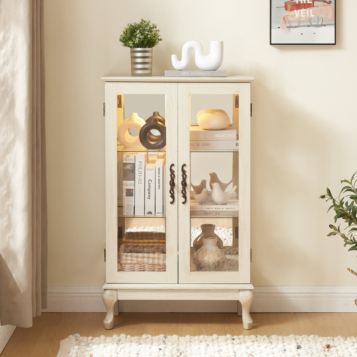 2 Doors Curio Cabinet With Tempered Glass Doors, Curio Cabinets With Mirrored Back Panel And Adjustable Shelves, Lighted Display Cabinet For Home, Office Light Bulb Included White White Mdf Glass