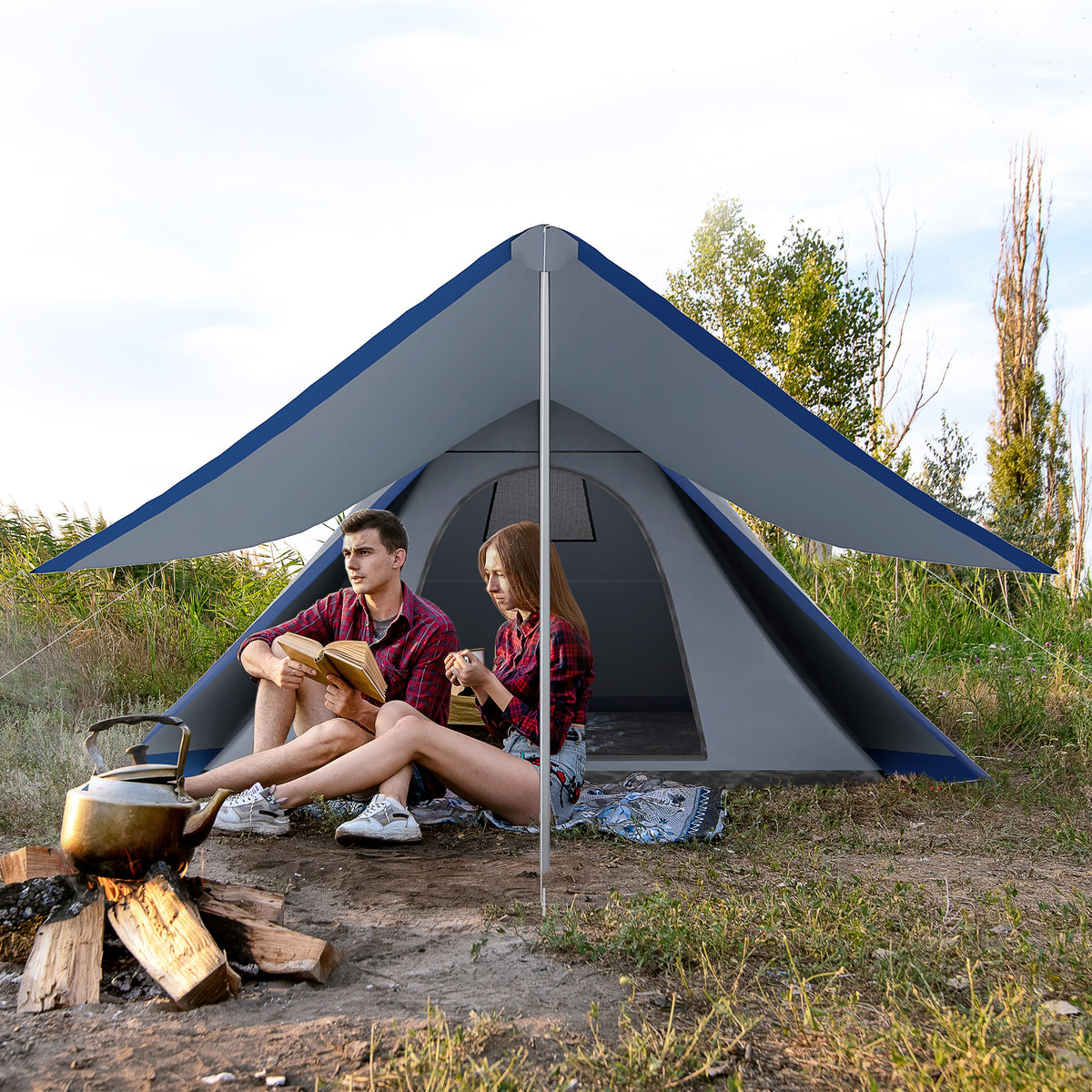 Outsunny 15.4'X15.4'X8.5' Teepee Tent, Waterproof Camping Tent With Porch Area, Floor And Carry Bag, For 2 3 Person Outdoor Backpacking Camping Hiking, Blue Blue Aluminum
