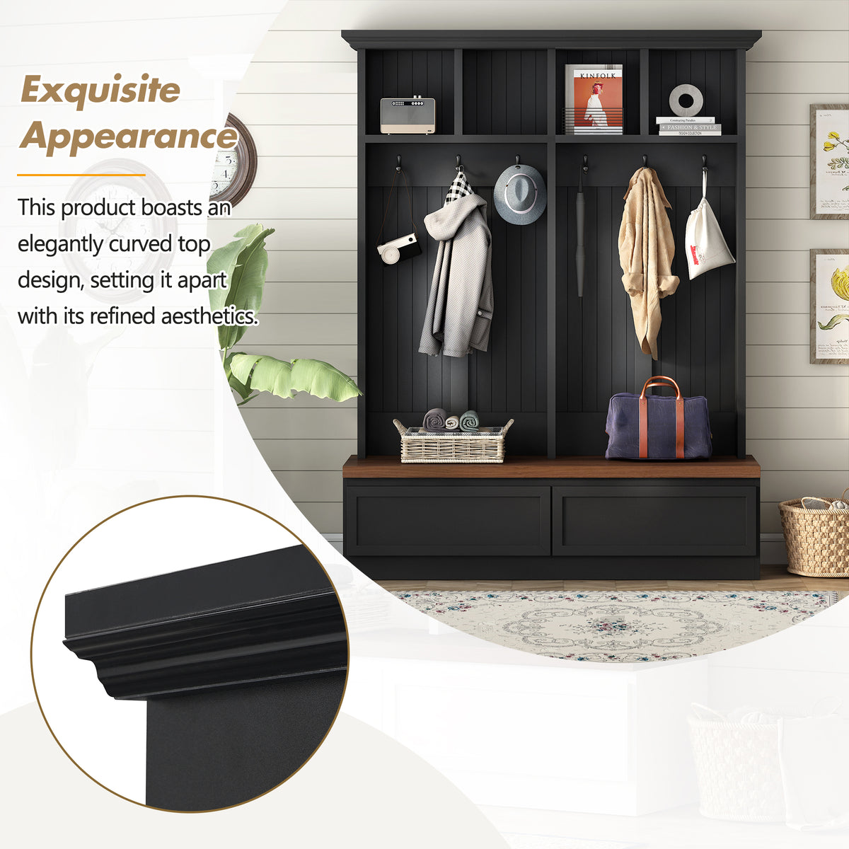 Farmhouse 4 In 1 Hall Tree With Wood Grain Bench, Mudroom Versatile Coat Rack With 2 Large Drawers, Large Entrance Organizer With 6 Black Hooks For Hallway, Living Room, Black, 55.9"Wx75.6"H Black