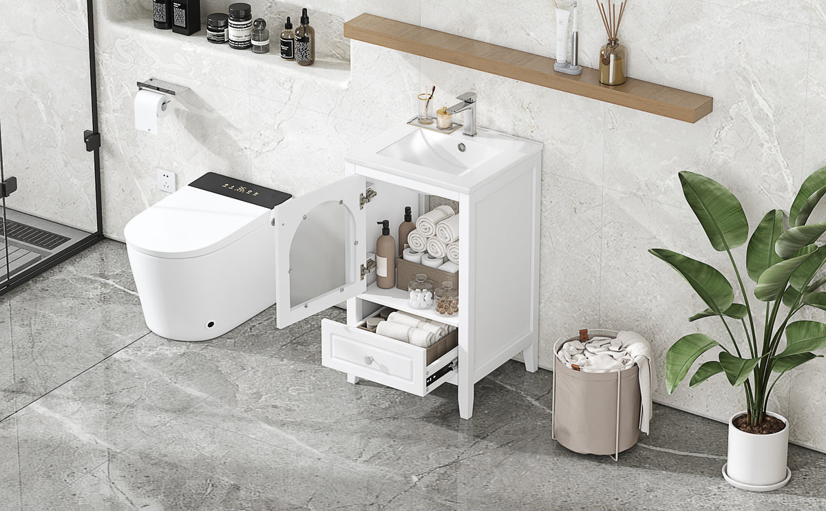 20" Bathroom Vanity With Sink, Bathroom Cabinet With Soft Closing Glass Door, A Drawer, White White Mdf
