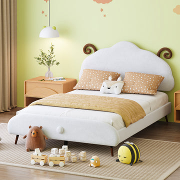 Full Size Upholstered Platform Bed With Sheep Shaped Headboard, White Full White Plywood