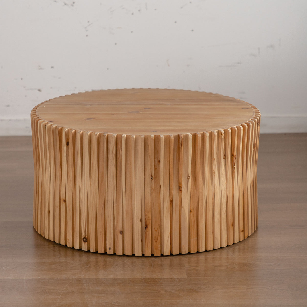 31.5" Retro Fashion Style Cylindrical Coffee Table With Vertical Texture Relief Design,Suitable For Living Room,Office,And Dining Room Natural Fir Wood
