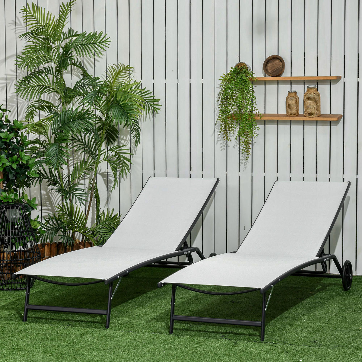 Outsunny Chaise Lounge Outdoor, 2 Piece Lounge Chair With Wheels, Tanning Chair With 5 Adjustable Positions For Patio, Beach, Yard, Pool, Cream White Cream White Fabric