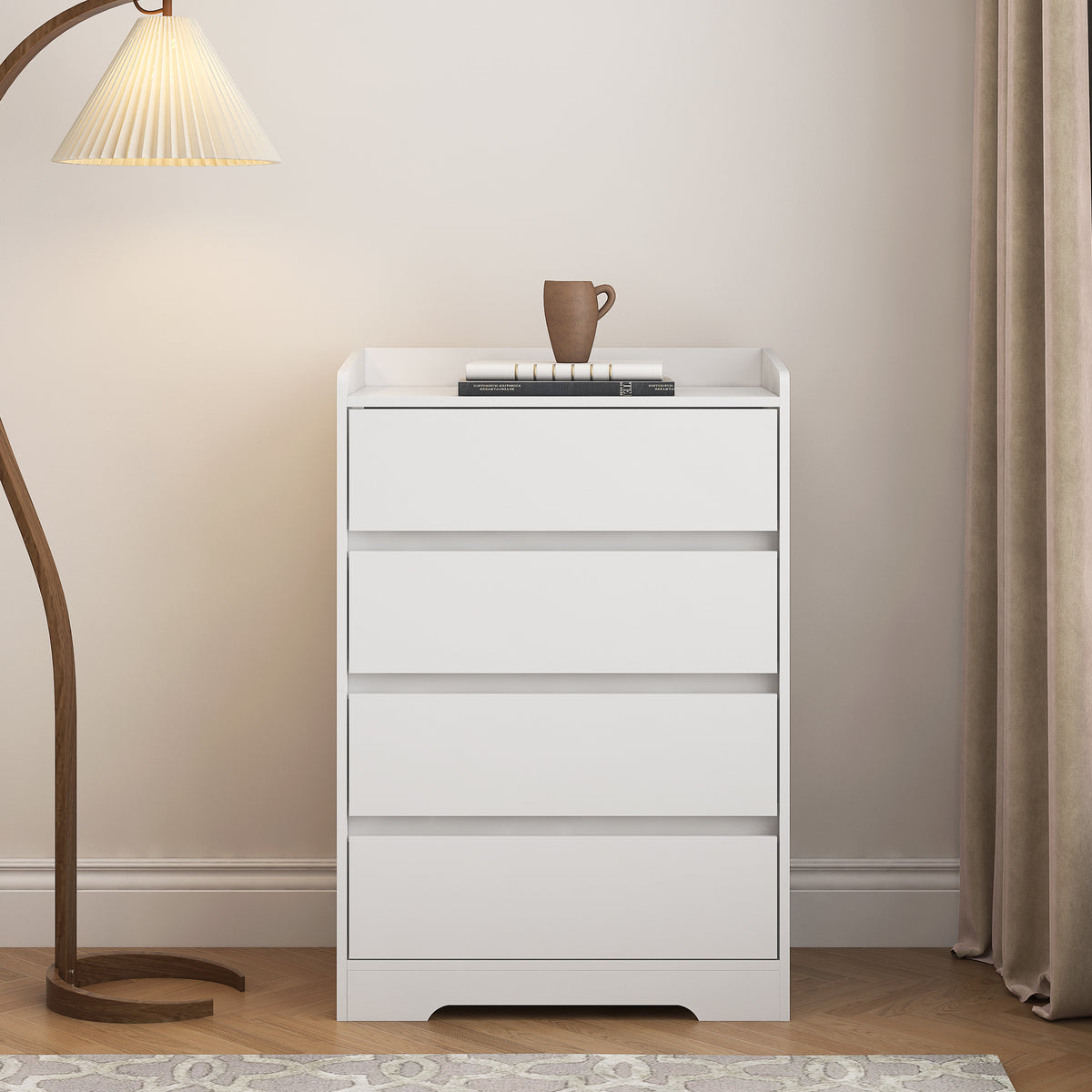 4 Drawer Dresser, Chest Of Drawers Without Handle, White Dresser For Bedroom 100% Waterproof, Modern Wooden Cabinet With Sturdy Frame For Living Room, Entryway, Bedroom, Hallway, Office White Mdf