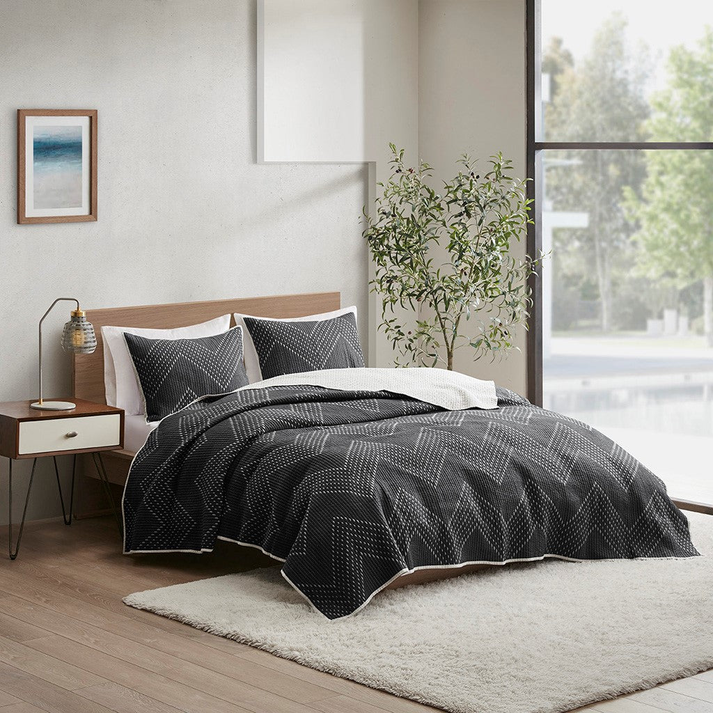 3 Piece Embroidered Cotton Quilt Set Black Full Queen Queen Black Cotton