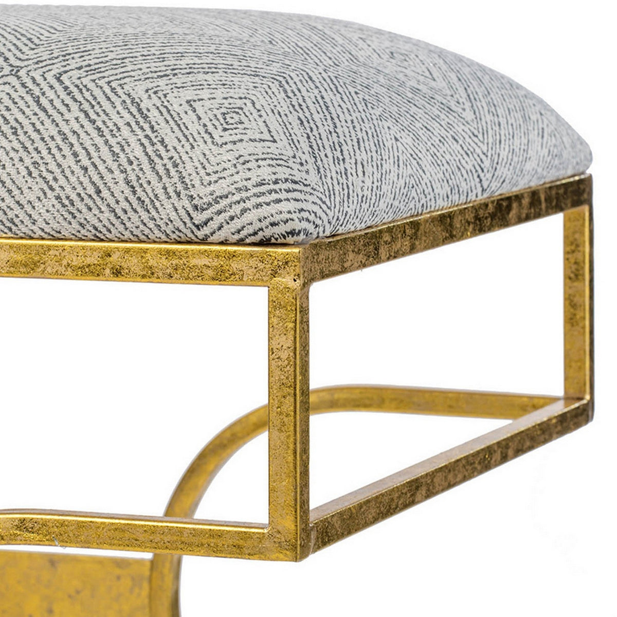 24 Inch Modern Ultra Padded Ottoman, Geometric Frame, Gray, Gold Patina Gray Iron