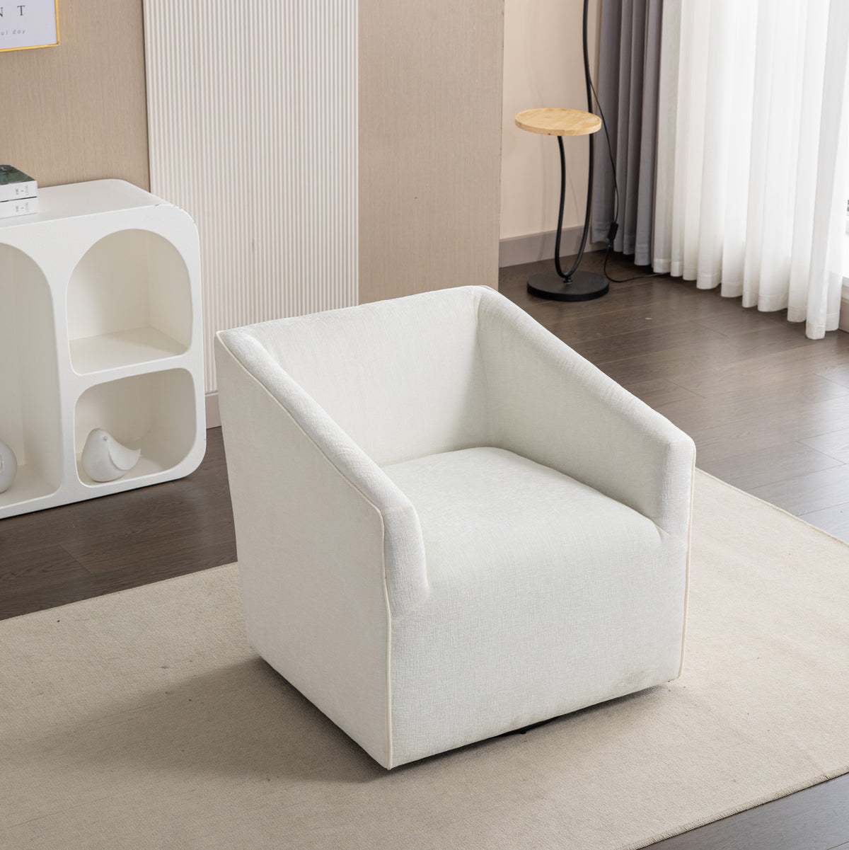 Nice Modern Upholstered Barrel Armchair, 360 Swivel White Brown Wood Primary Living Space Medium Firm Casual,Contemporary,Modern Rubberwood Square Arms Fabric Chenille 1 Seat