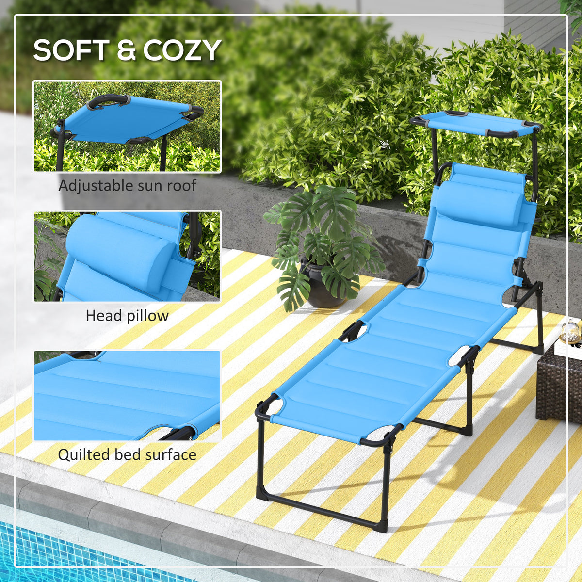 Outsunny Outdoor Lounge Chair, Adjustable Backrest Folding Chaise Lounge, Cushioned Tanning Chair W Sunshade Roof & Pillow Headrest For Beach, Camping, Hiking, Light Blue Light Blue Steel