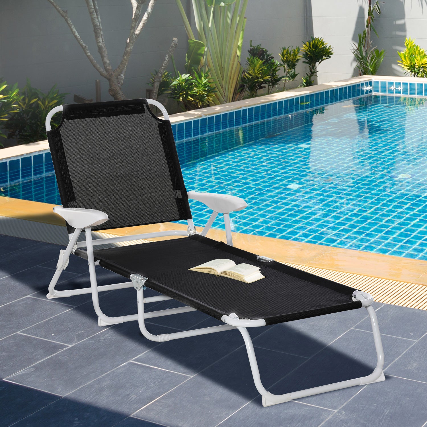 Outsunny Folding Chaise Lounge, Outdoor Sun Tanning Chair, 4 Position Reclining Back, Armrests, Metal Frame And Mesh Fabric For Beach, Yard, Patio, Black Black Metal
