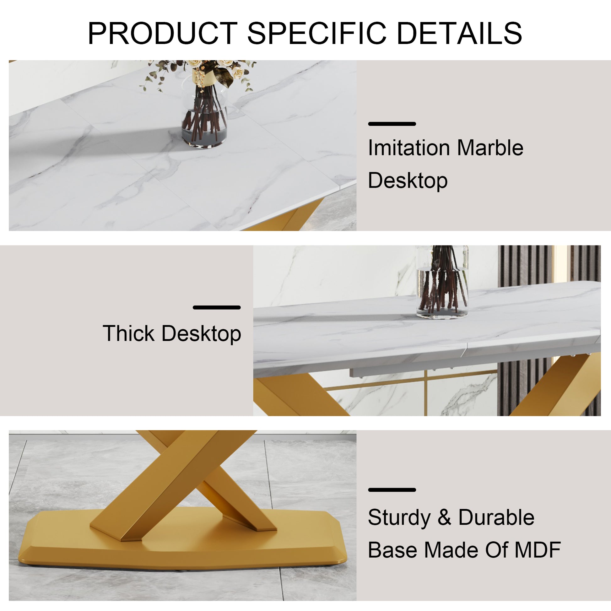 Table And Chair Set, The Table Is Equipped With A Marble Patterned Mdf Tabletop And Gold Table Legs.The Chair Is Equipped With Pu Synthetic Leather High Back Cushion And Gold Coated Metal Legs. Grey Gold Seats 6 Mdf Metal