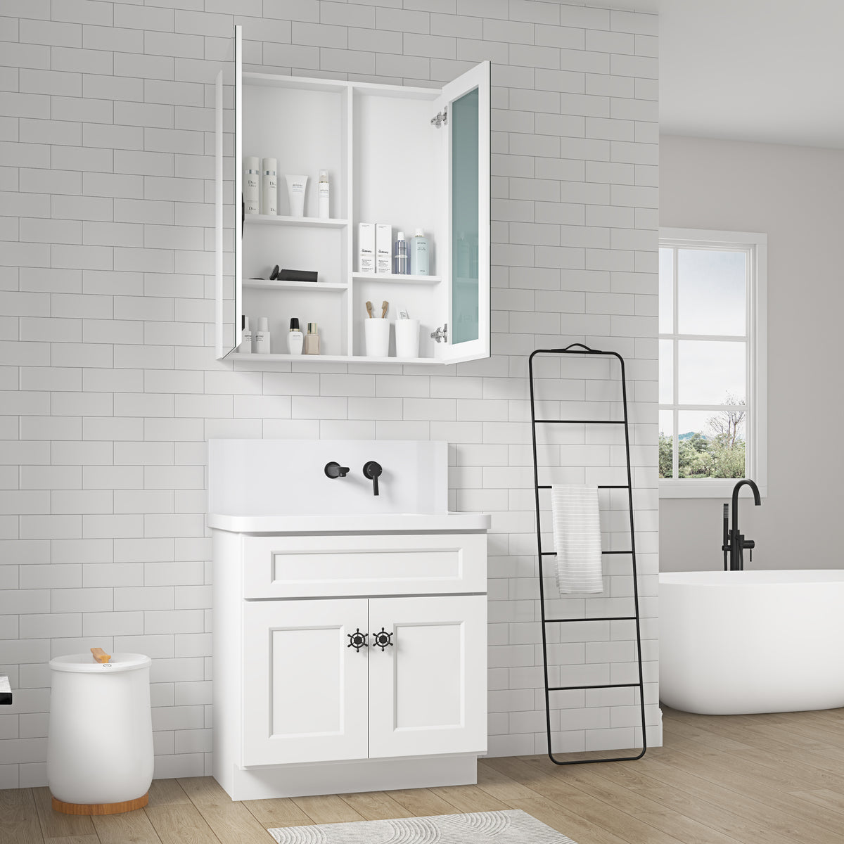 30'' W X 36'' H Bathroom Mirror Medicine Cabinet Wooden Door Medicine Cabinets For Bathroom, Wall Mounted Recessed Or Surface, Bathroom Mirror With Storage White Engineered Wood