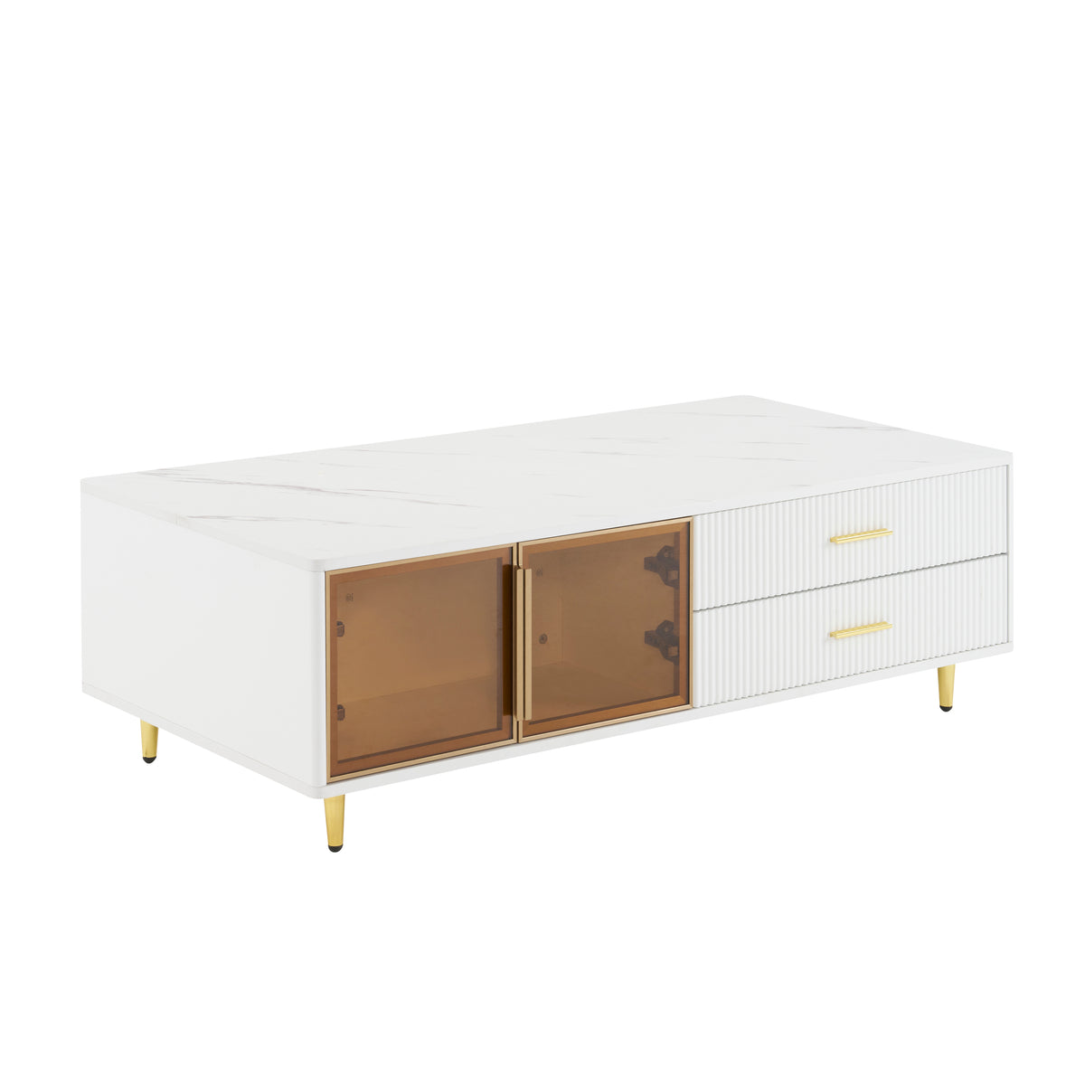 Modern White Coffee Table With 2 Glass Door Storage, 4 Drawers, Gold Metal Legs, And Multi Color Lighting In 47.2'' White Drawers Mdf