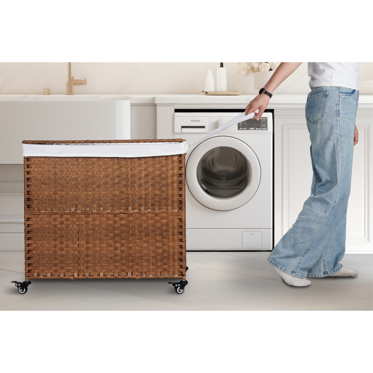 Laundry Hamper With Lid Pe Rattan Powder Coating Frame Clothes Hampers With 02 Removable Bags, Wheels, 160L, Brown Color Brown 1 Bathroom American Design,American Traditional Wicker