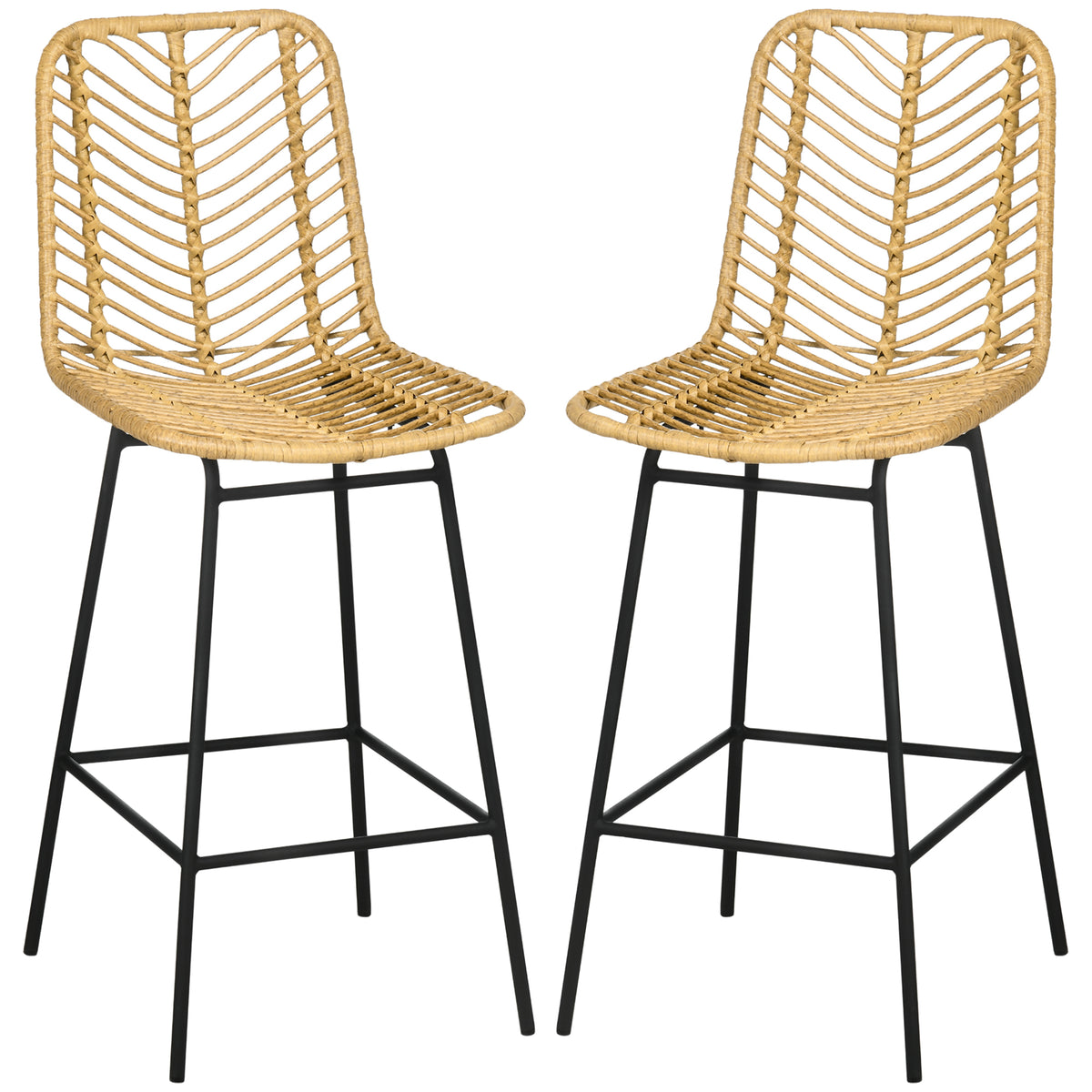 Homcom Rattan Bar Stools Set Of 2, 26" Counter Height Barstools, Boho Kitchen Island Stools Withwicker Seat And Back, Yellow Yellow Steel