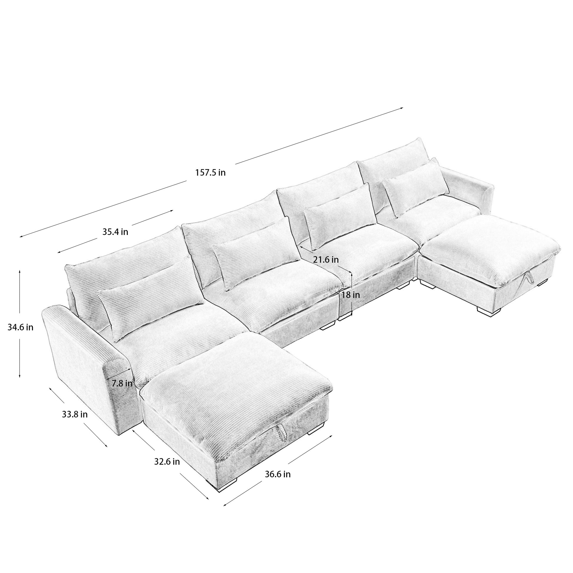 Big Deep Seat U Shaped Corduroy Sectional Couches For Living Room, 4 Seater Sofa Couch With 2 Storage Footstool And 4 Waist Pillows Corduroy, Brown Brown Corduroy 4 Seat