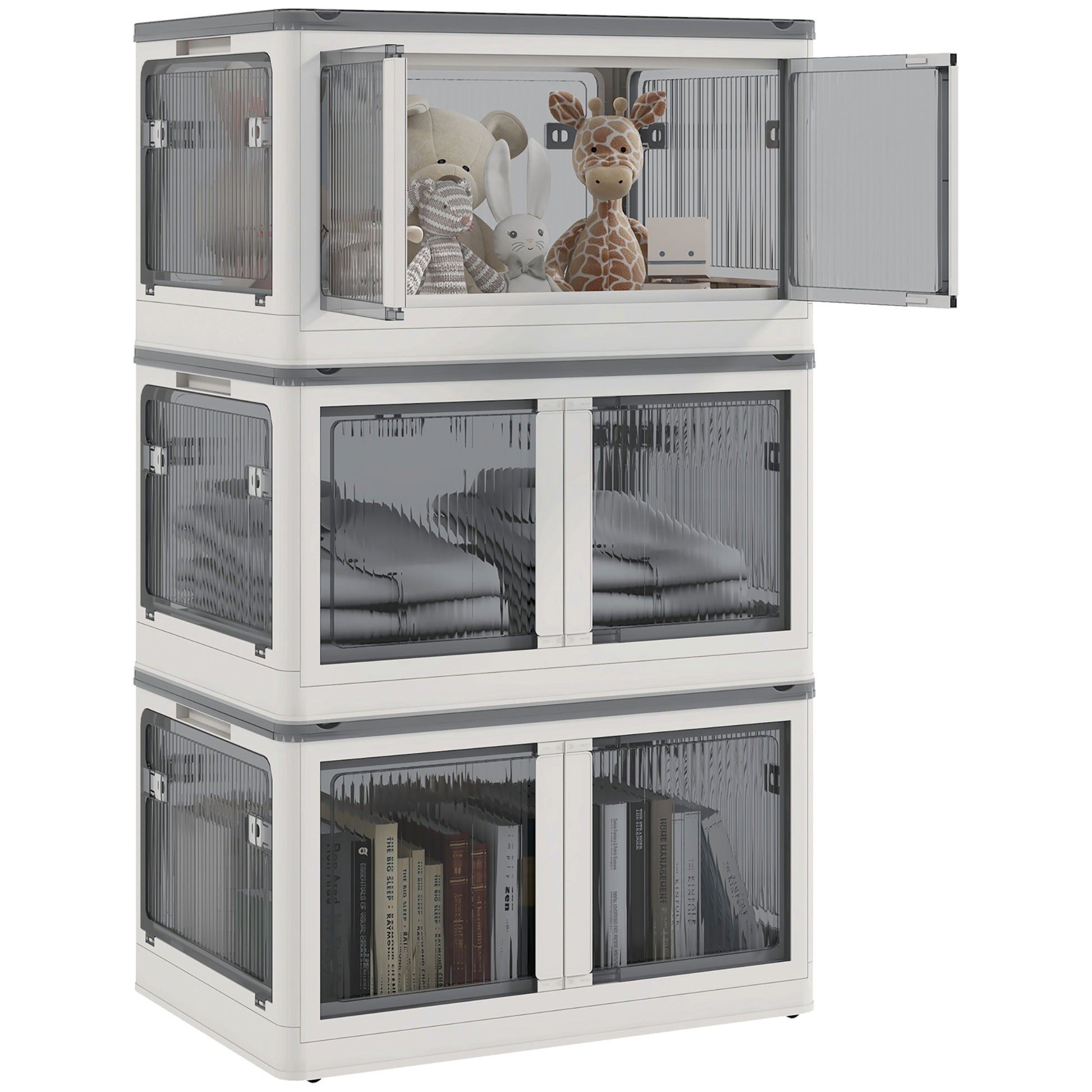 Homcom 32 Gal Stackable Storage Bins With Lids, 3 Packs Collapsible Closet Organizers And Storage, Plastic Drawer Storage Container On Wheels With 5 Sided Access, Doors For Blankets, White White
