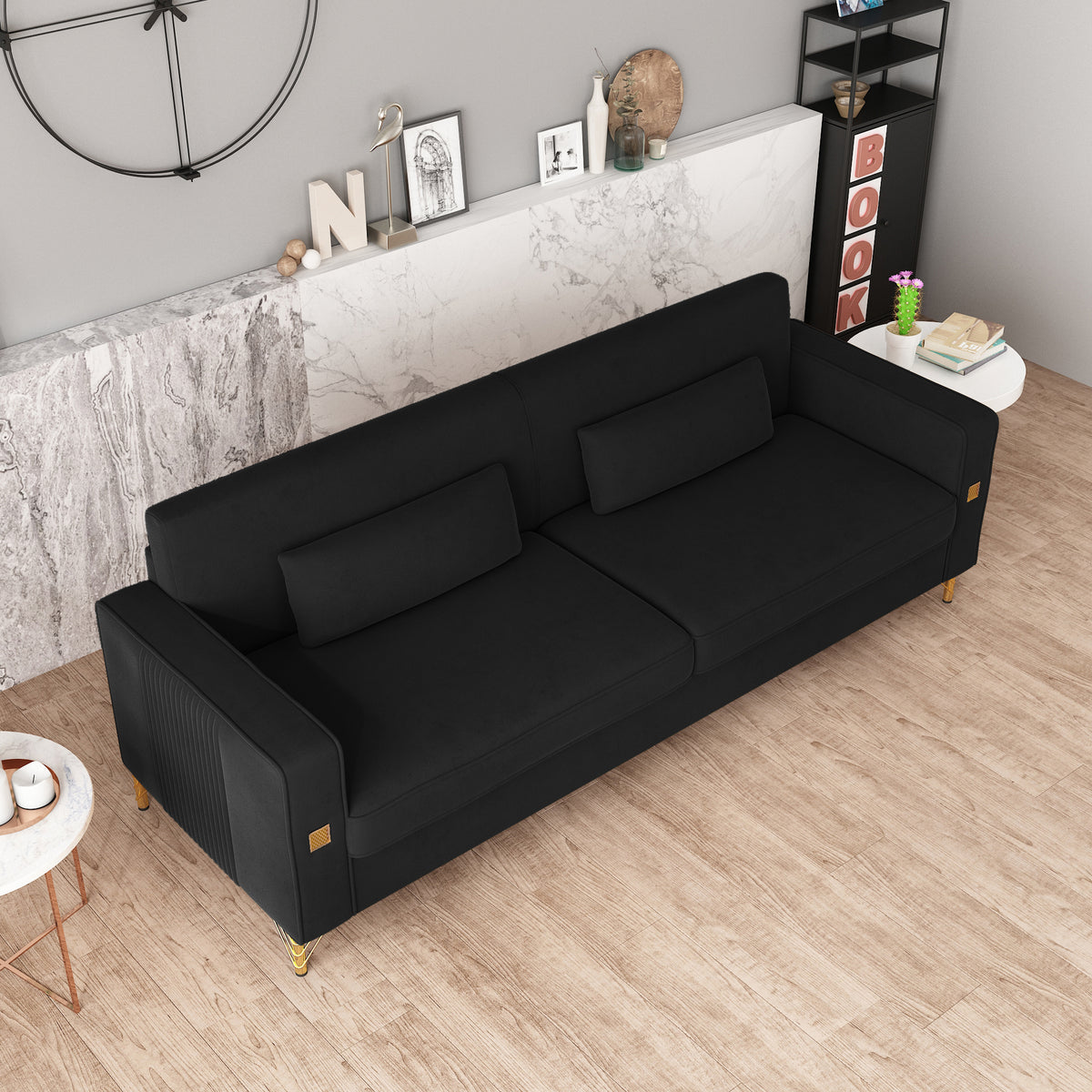 Fx P18 Bk Sofa Luxury Velvet Sofa With Gold Accents Modern 3 Seat Couch With Plush Cushions, Perfect For Living Room And Office Decor Black Velvet 3 Seat