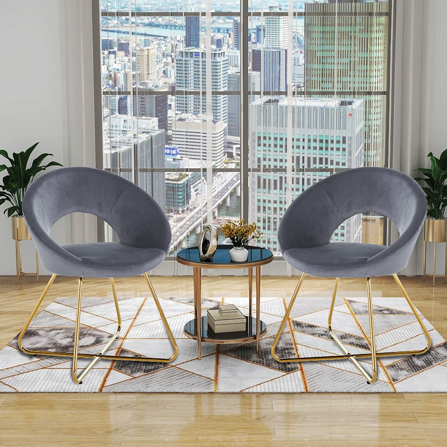 Modern Accent Velvet Chair, Set Of 2, Dining Chair Comfy Upholstered Arm Chair Living Room Furniture Mid Century Leisure Chair With Golden Metal Frame Legs Gray Fabric Metal