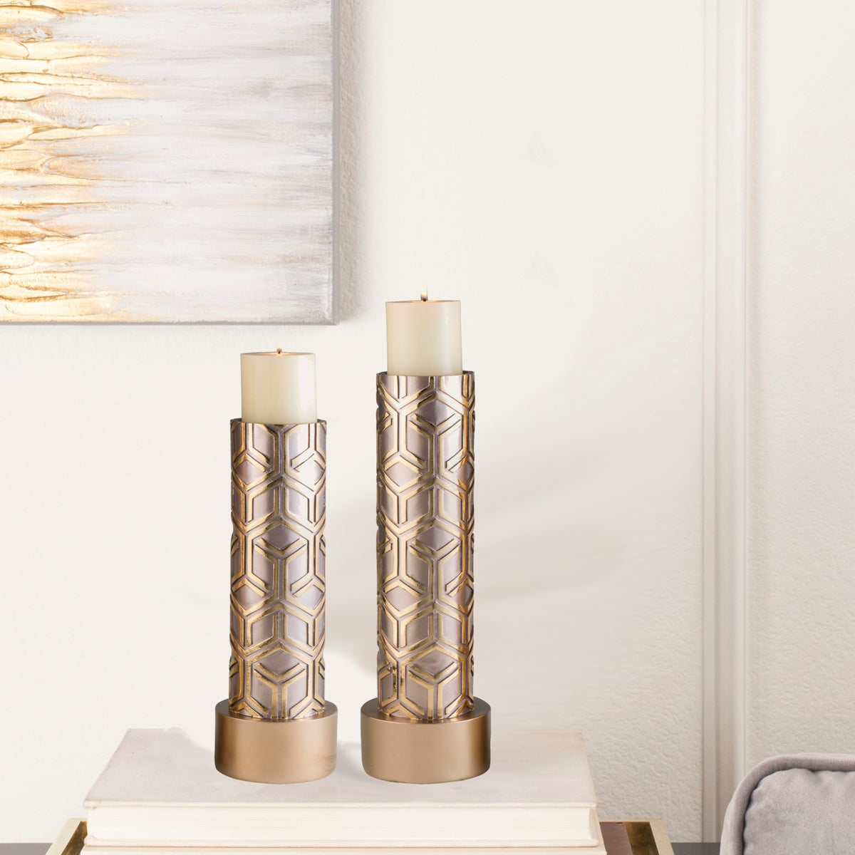 14" And 16" Tall Polyresin Candleholder, Golden Finish Set Of 2 Gold Polyresin