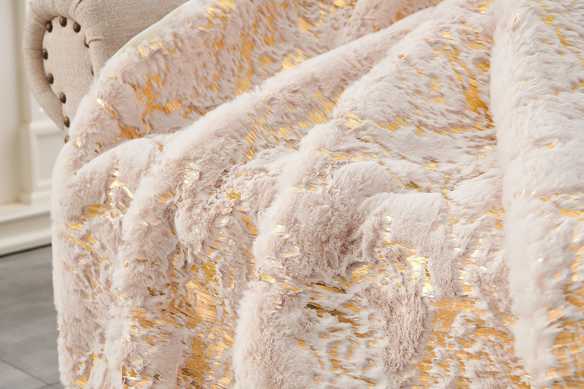 Luxury Chinchilla Faux Fur Gilded Beige Throw Blanket 60" X 80" Beige Gold Polyester