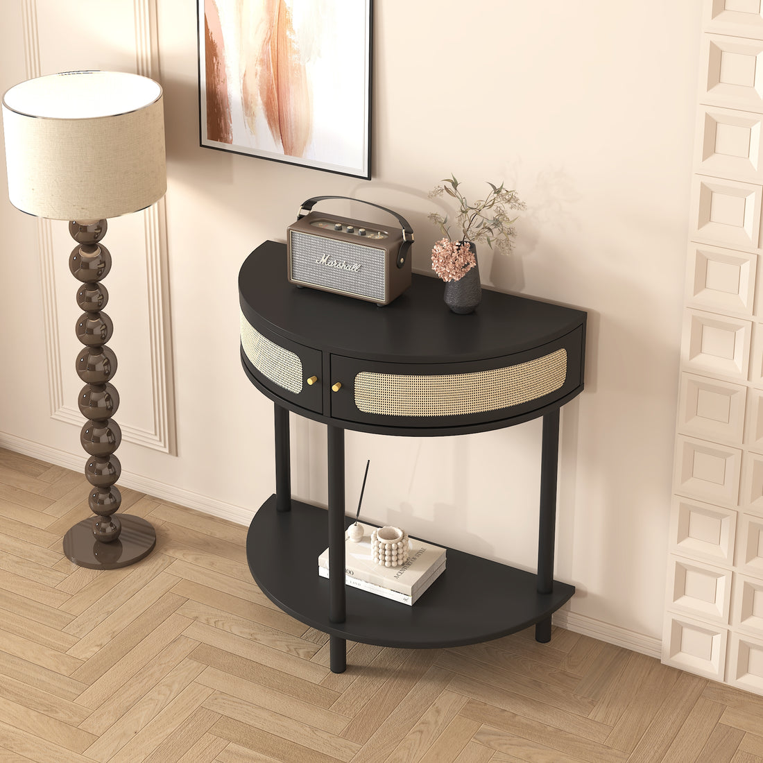 Unique Half Moon Design End Table With Rattan Door,Elegant Semicircle Sofa Side Table With 2 Rattan Storage Cabinet And Bottom Shelf For Living Room, Bedroom Black Primary Living Space Boho Freestanding Semicircular Drawers Coffee & End Tables Polished