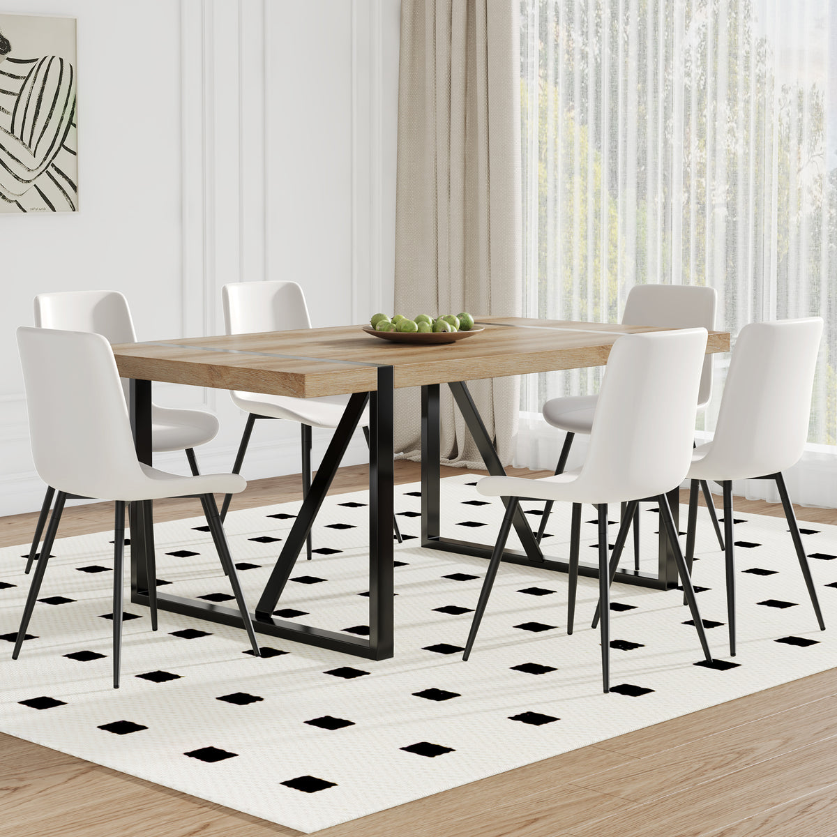 Table And Chair Set, Textured Top In Vintage Wood Color, Black Metal Legs. Dining Chair With White Faux Leather Backrest Cushion With Black Metal Legs. Wood Seats 6 Mdf Metal