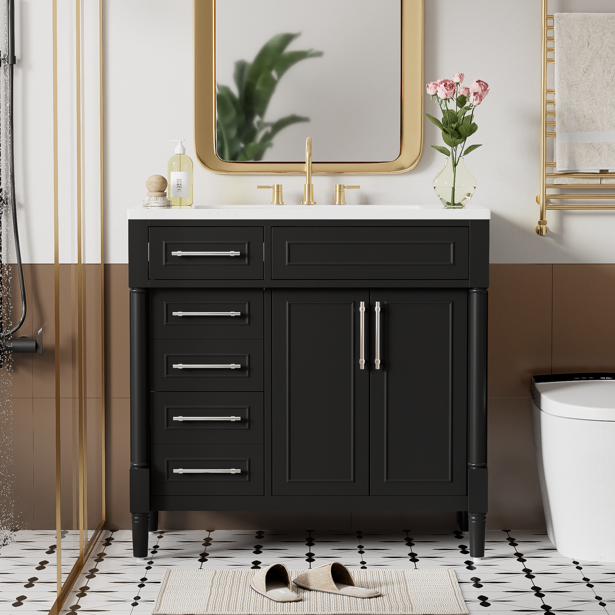 36'' Bathroom Vanity With Top Resin Sink, Freestanding Bathroom Storage Cabinet With 2 Drawers And A Tip Out Drawer, Solid Wood Frame Vanity Set, Height Adjustable Shelf 3 Black 2 2 Adjustable Shelves Bathroom Freestanding Solid Wood Mdf Resin Painted