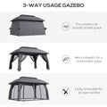Outsunny 10' X 13' Patio Gazebo, Outdoor Gazebo Canopy Shelter With Netting, Vented Roof, Steel Frame For Garden, Lawn, Backyard, And Deck, Dark Gray Gray Steel
