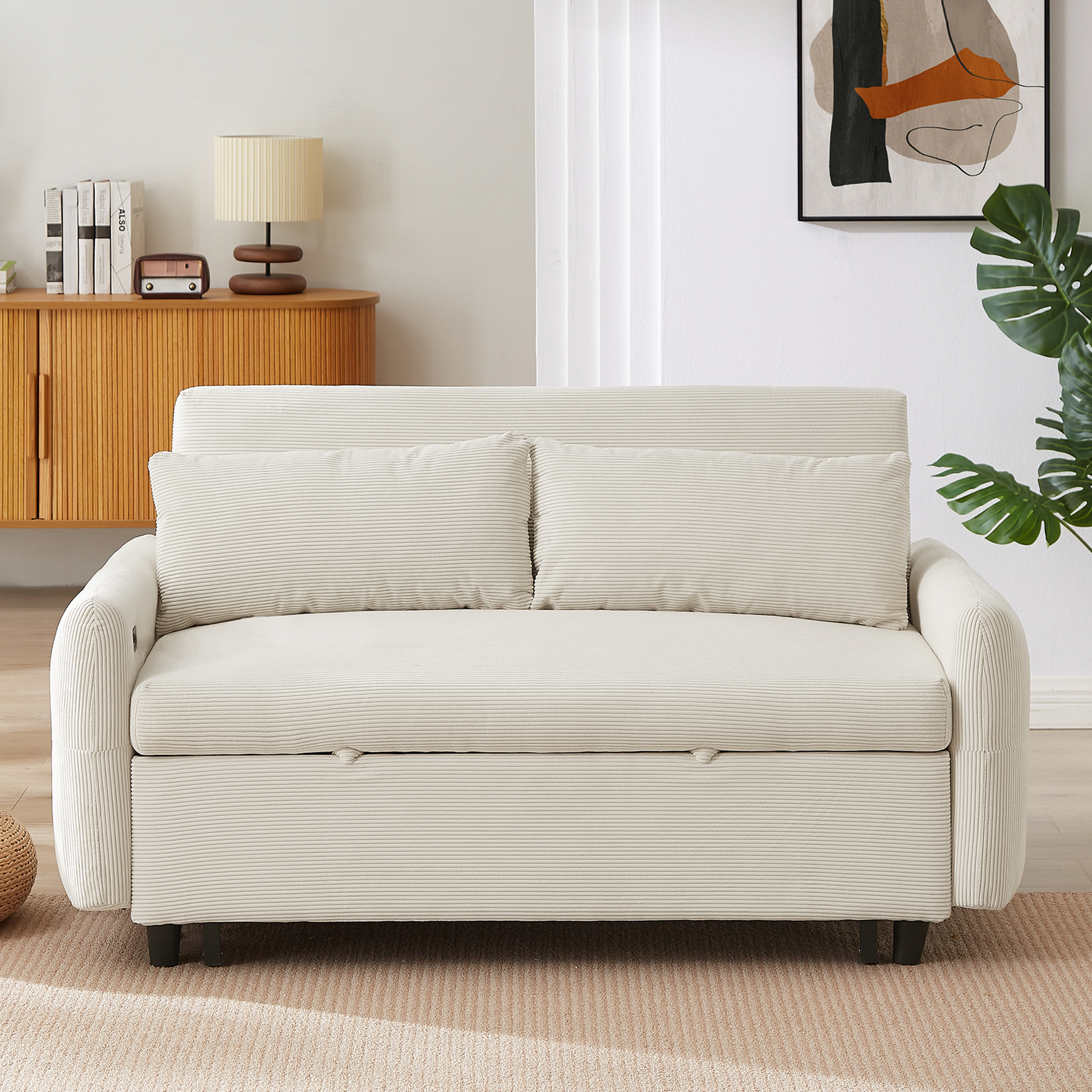 57.48" Pull Out Sofa Bed Convertible Couch 2 Seat Loveseat Sofa Modern Sleeper Sofa With Two Throw Pillows And Usb Ports For Living Room, Beige Old Sku:Wf317760Aaa Beige Foam Corduroy 2 Seat