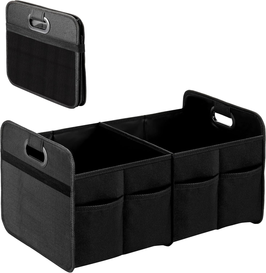 Trunk Organizer For Car Suv Truck, Collapsible 2 Compartment Automotive Storage Box, 600D Waterproof Oxford Polyester 50L Travel Accessories, Anti Slip & Leak Proof, Black Black Polyester