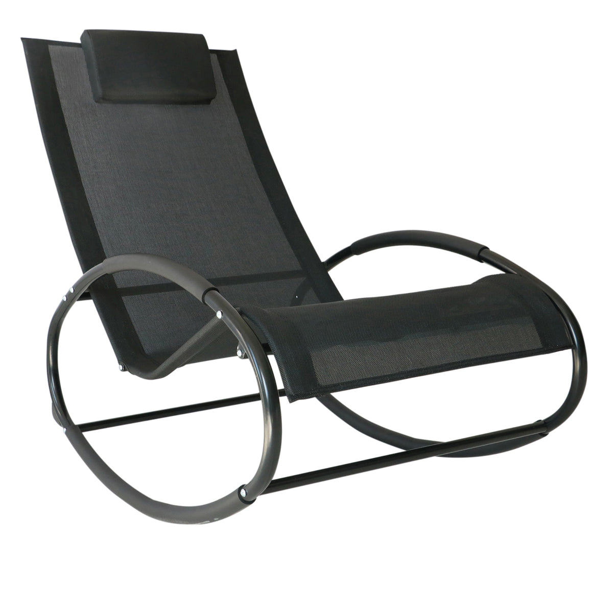 Outsunny Pool Lounger, Outdoor Rocking Lounge Chair For Sunbathing, Pool, Beach, Porch With Pillow & Cool Mesh, Sun Tanning Rocker, Black Black Steel