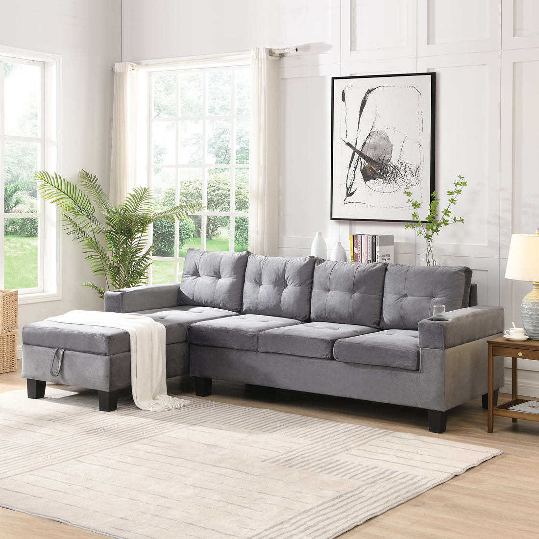 Sectional Sofa Set For Living Room With L Shape Chaise Lounge ,Cup Holder And Left Hand With Storage Chaise Modern 4 Seat Grey Grey Fabric 4 Seat