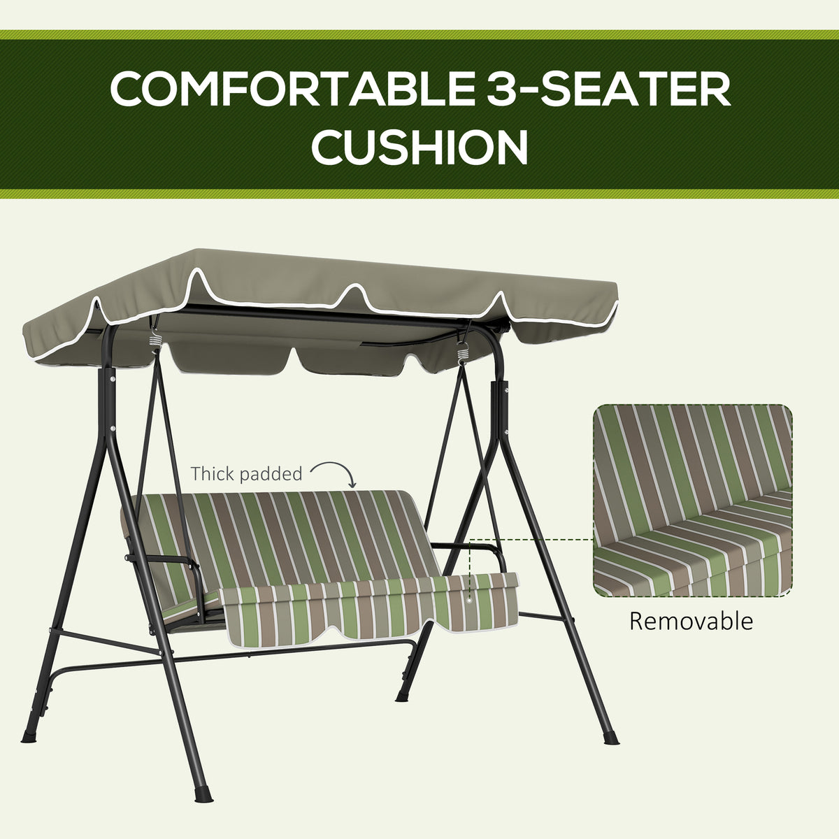 Outsunny 3 Seat Outdoor Patio Swing Chair With Removable Cushion, Steel Frame Stand And Adjustable Tilt Canopy For Patio, Garden, Poolside, Balcony, Backyard, Beige & Green Multicolor Steel