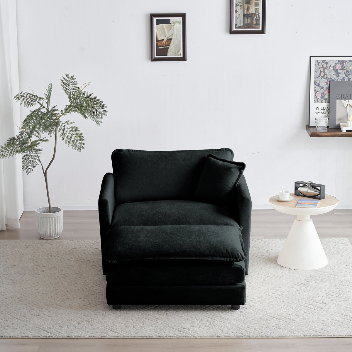 Modern Accent Chair With Ottoman, Living Room Club Chair Chenille Upholstered Armchairreading Chair For Bedroom, Black Chenille Black Chenille 1 Seat