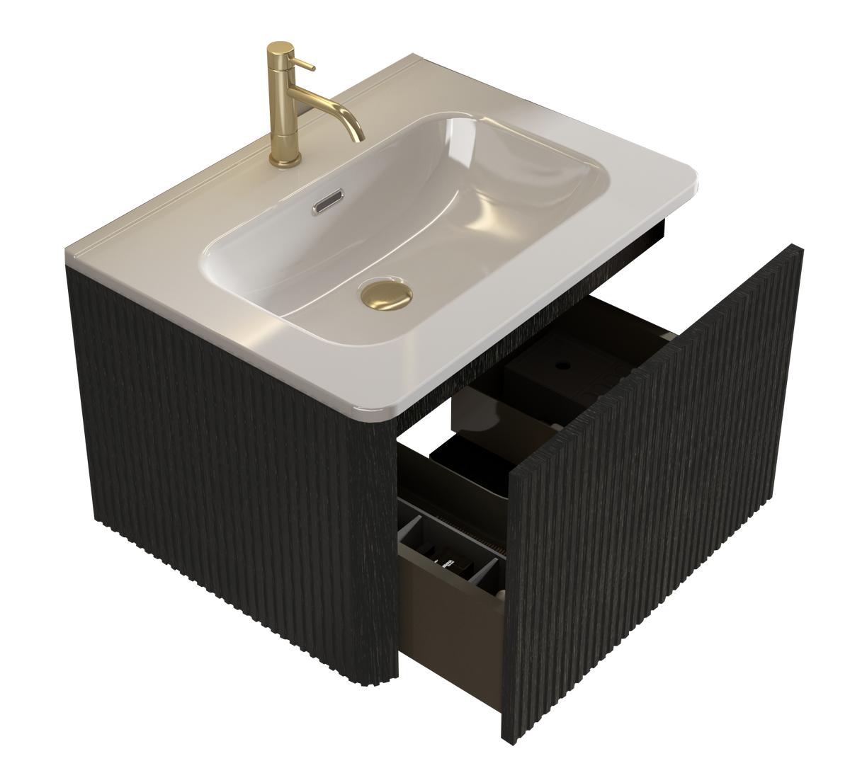 U056 Etna24W 308 Etna 24" Striped Brushed Black Oak Floating Bathroom Vanity With White Ceramic Sink, Bathroom Vanity For Modern Bathroom, One Piece White Sink Basin Without Drain, Pre Assembled