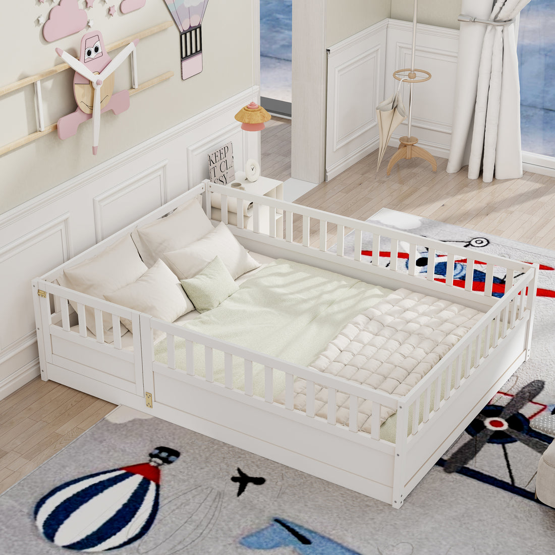 Full Size Floor Bed, Integral Construction With Super High Security Barrier, Door, Children'S Floor Bed Frame, Montessori Wooden Children'S Floor Bed, Support Slat White Box Spring Required Full