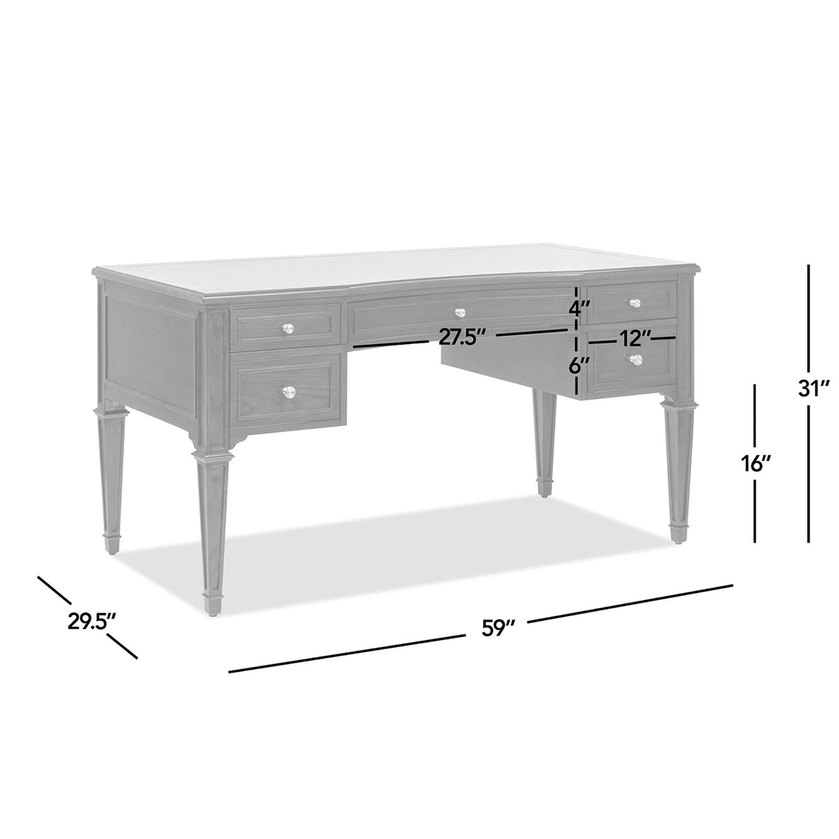 Dauphin Gold Accent 5 Drawer Wood Executive Desk, Grey Cashmere Wood Gray Solid Wood Mdf Wood
