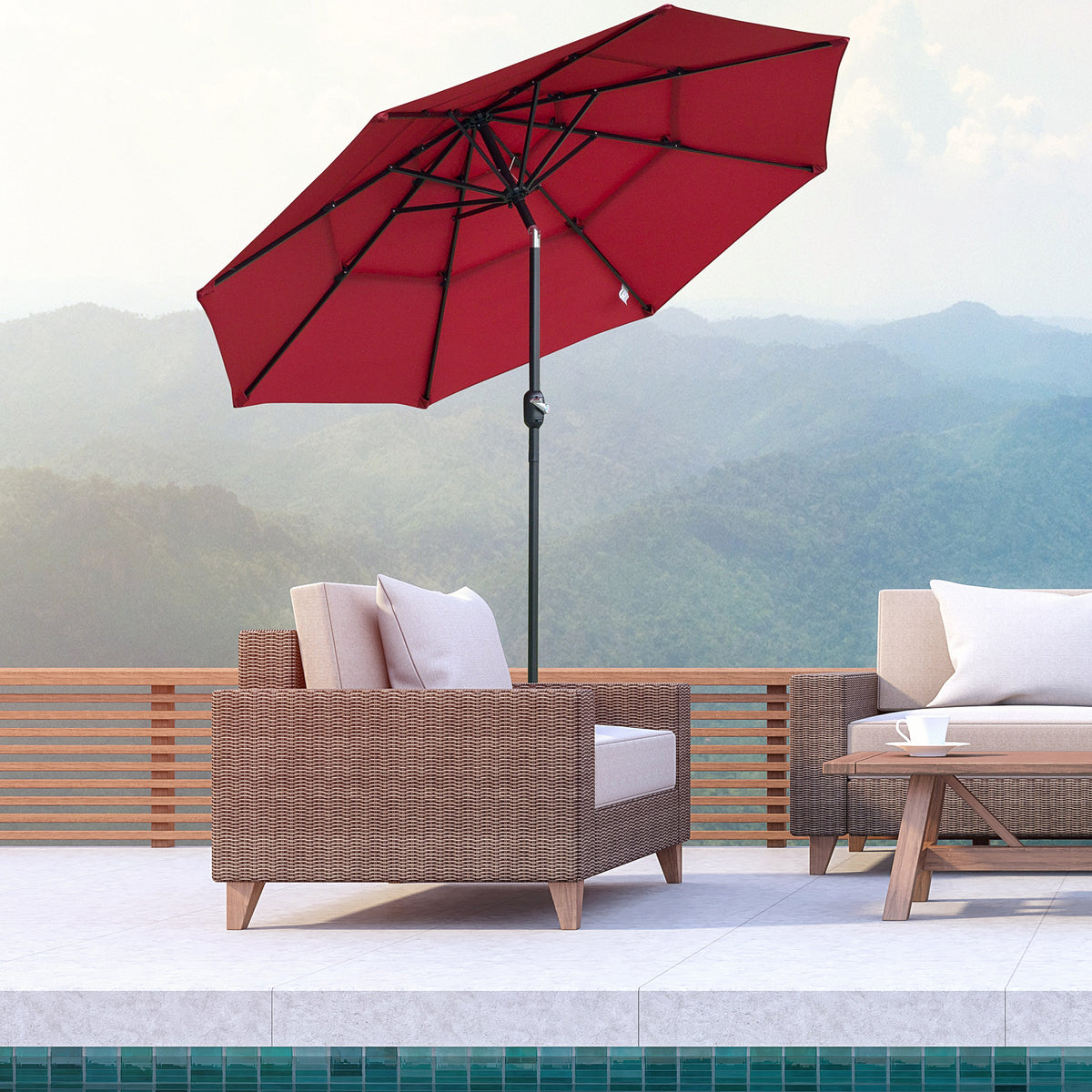 Outsunny 9Ft 3 Tiers Patio Umbrella Outdoor Market Umbrella With Crank, Push Button Tilt For Deck, Backyard And Lawn, Wine Red Wine Red Polyester